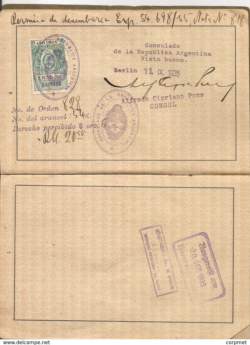 DEUTSCHES REICH 1935  PASSPORT - PASSEPORT for AGNES HESSE to emigrate to ARGENTINA + GERMAN TESTIMONY with NAZI REVENUE