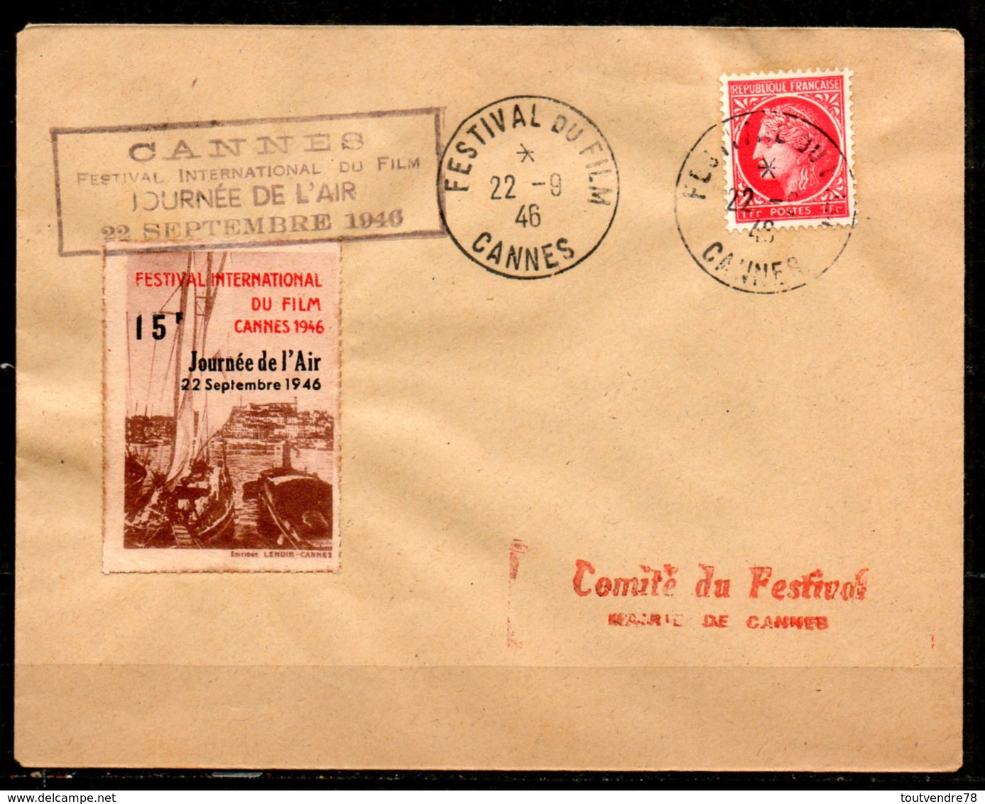 FJ7029 / Dept 06 (Alpes Maritimes) CANNES 1946 > 1° Festival Du Film + Journée Air 15F Du 22/09 - Manual Postmarks