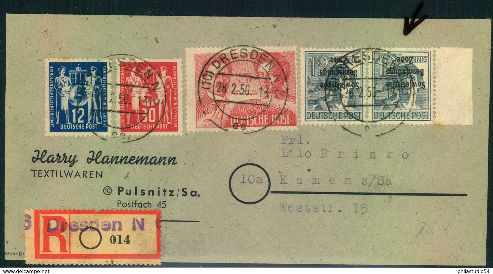 1950, Einschreibenab DRESDEN Mit Guter MiF - Postgewerkschaft Komplett Und Paar 12 Pfg.Maschinenaufdruck Kopfstehend - Storia Postale