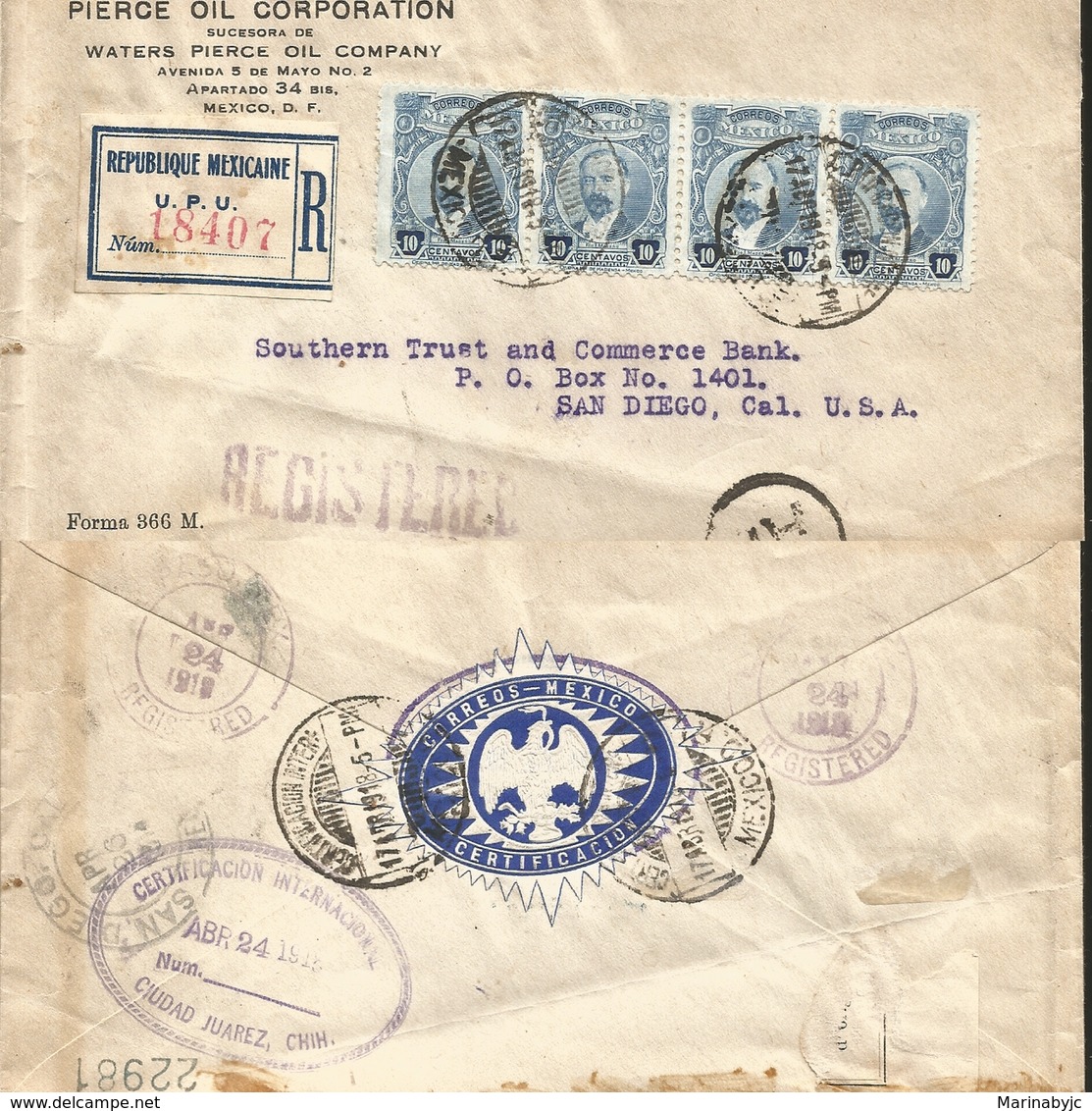 J) 1918 MEXICO, FRANCISCO I MADEROM BLOC OF 4, REGISTERED, AIRMAIL, CIRCULATED COVER, FROM MEXICO TO CALIFORNIA - Mexico