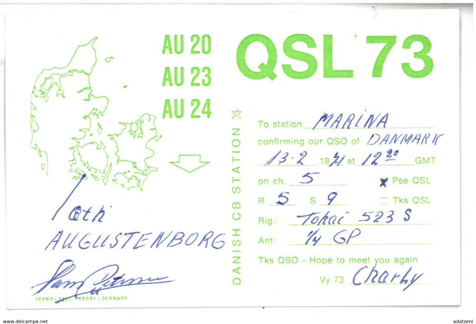 Pubblicità Cartolina Stazione CB Danese Danish CB Station QSL 73 Alla Stazione To Station Marina  Data 13 Febbraio 1971 - CB