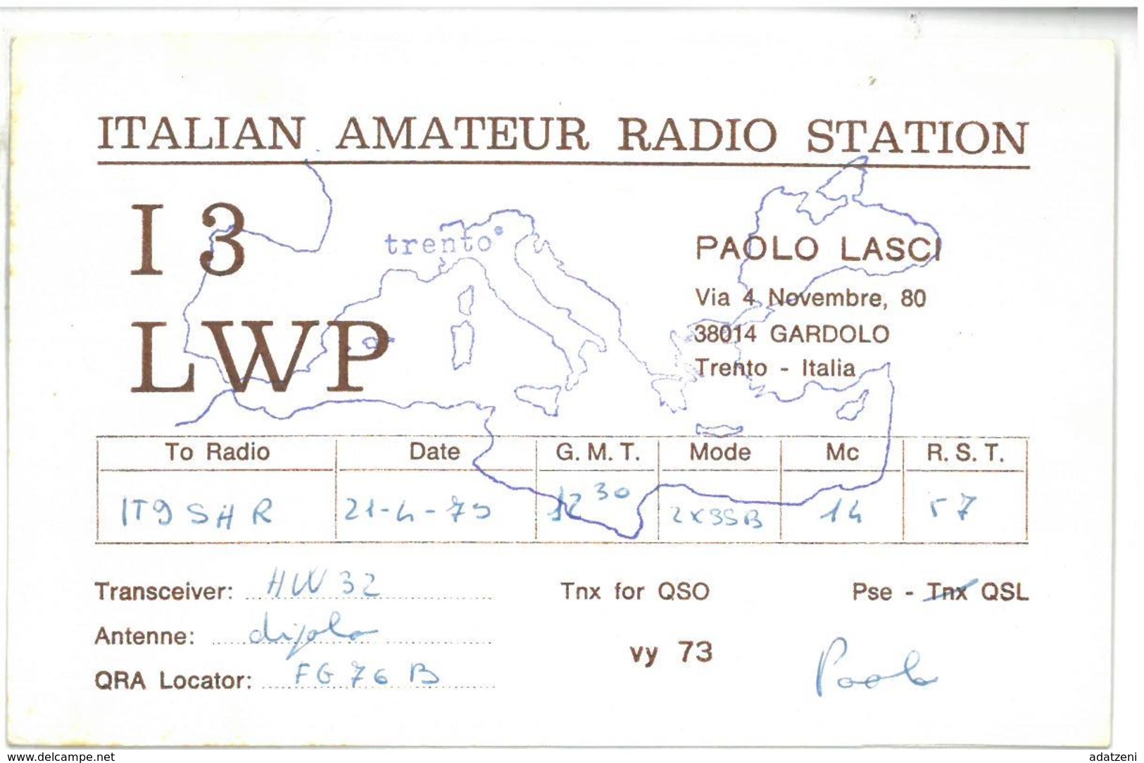 Pubblicità Cartolina Stazione CB  Italian Amateur Radio Station I3LWP Gardolo Alla Stazione To Station Marina Radio IT9S - CB