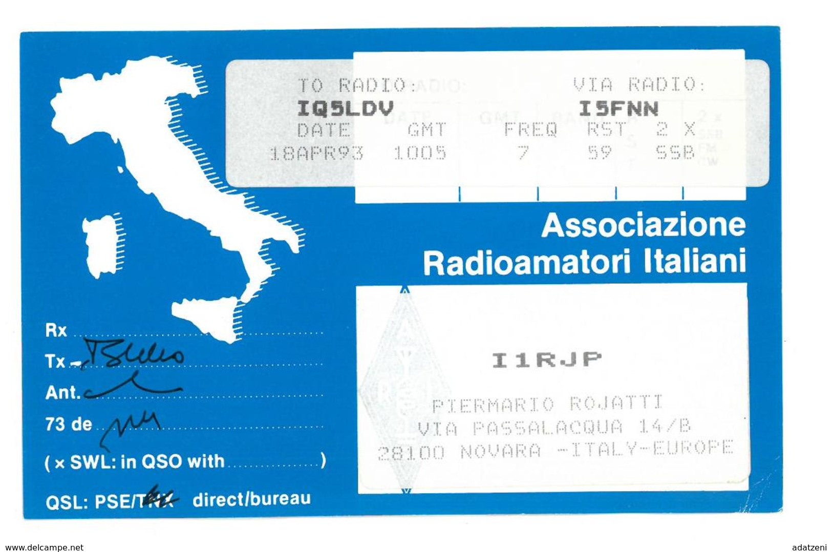 Pubblicità Cartolina Stazione CB Associazione Radioamatori Italiani I1RJP Novara To Radio IQ5LDV 18 Aprile 1993 Condizio - CB