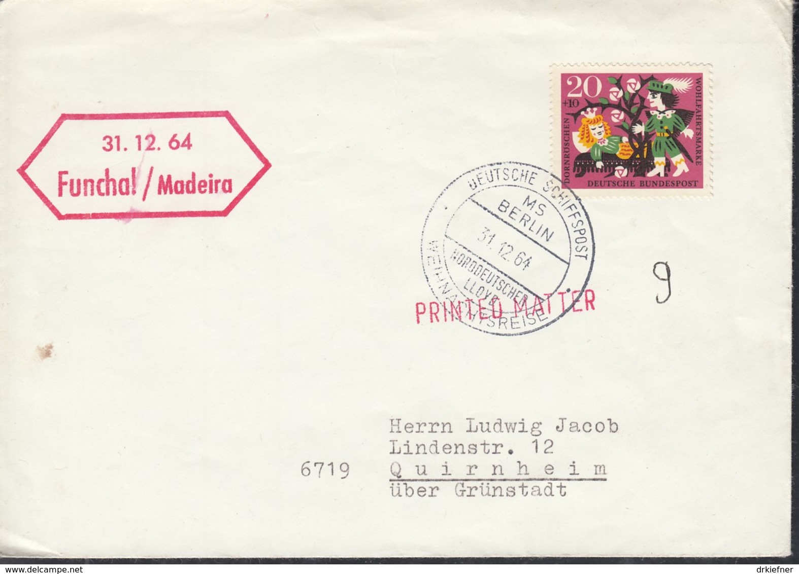 DEUTSCHE SCHIFFSPOST  MS "Berlin ", Weihnachtsreise, Norddeutscher Lloyd, 31.12.1964, Funchal/Madeira - Maritime