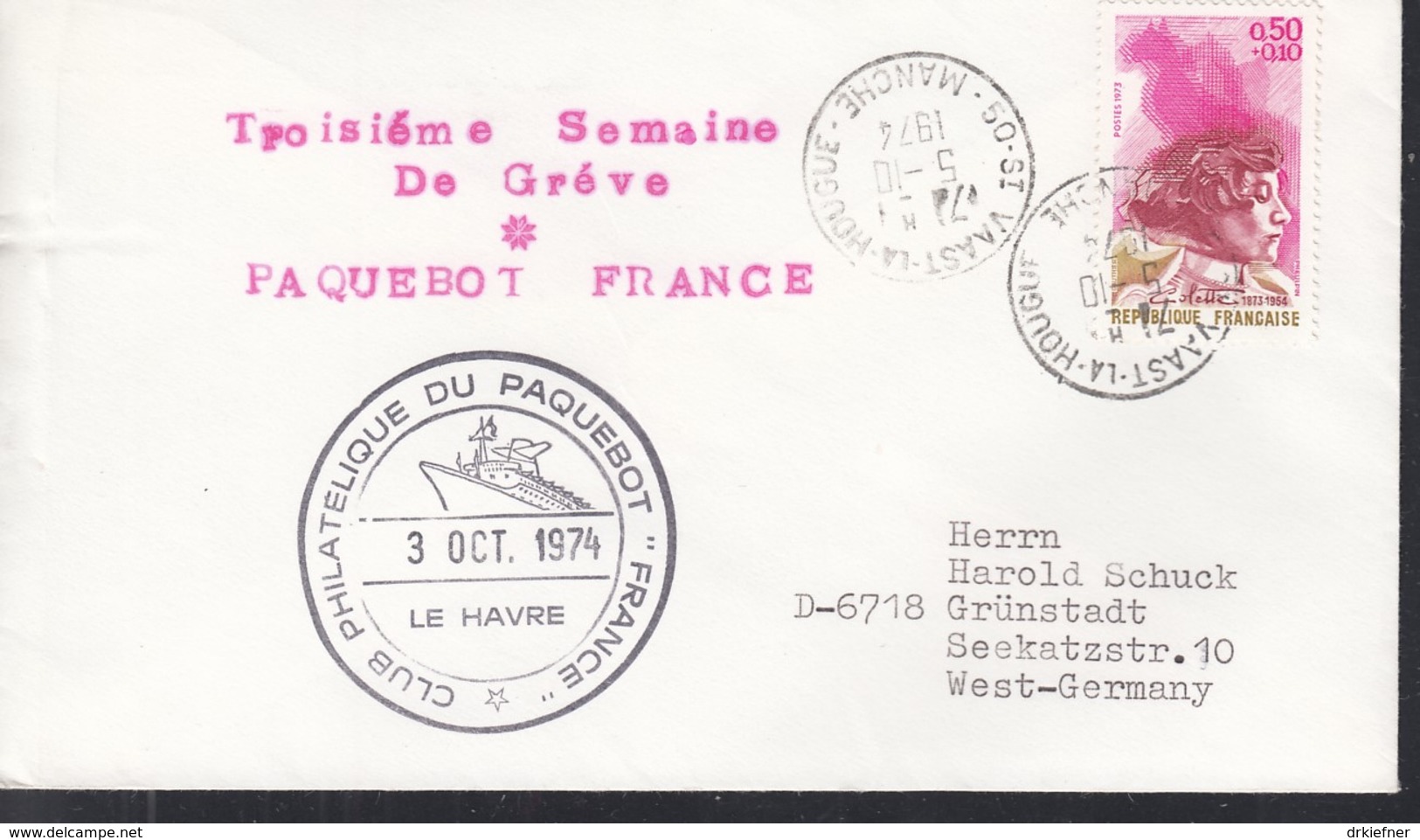 SCHIFFSPOST  MS "France" Paquebot, Vaast La Hougue 3.OCT 1974 - Maritime