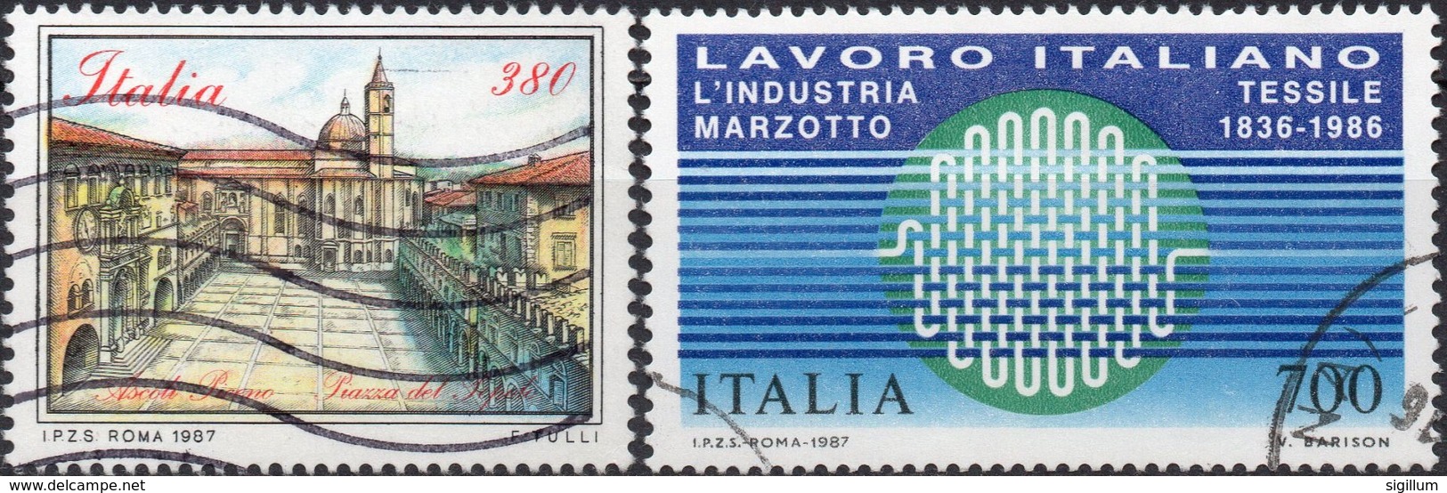 REPUBBLICA 1987 - PIAZZE, PIAZZA DEL POPOLO + LAVORO ITALIANO, INDUSTRIA TESSILE MARZOTTO - 2 VALORI USATI - 1981-90: Usati