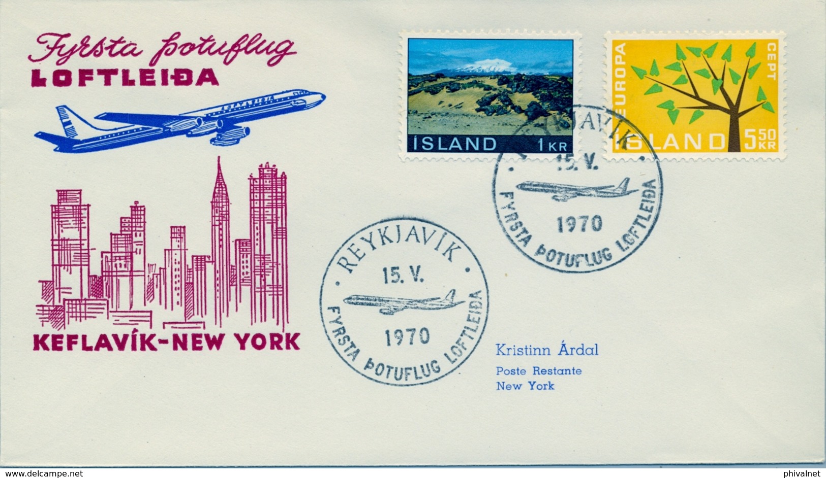 1970 , ISLANDIA , PRIMER VUELO LOFTLEIDA , REYKJAVIK - NEW YORK , KEFLAVIK AIRPORT - Brieven En Documenten