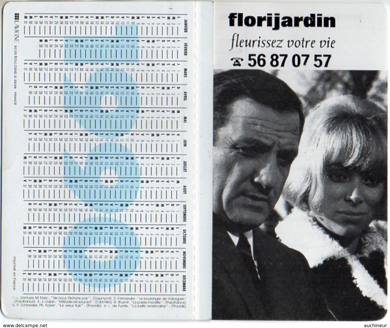 Calendrier De Poche 1990 Florijardin Cinéma Acteur Ventura Darc Fernandel Gabin Romy Noiret Bourvil Funes 8,5 X 13 Cm - Petit Format : 1981-90