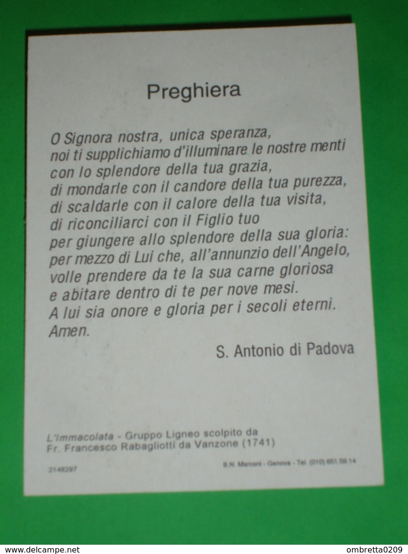 B.V.IMMACOLATA Convento SABBIONCELLO,SARTIRANA,MERATE Lecco/Statua Lignea 1741 Frate Francesco Rabagliotti Da Vanzone - Santini