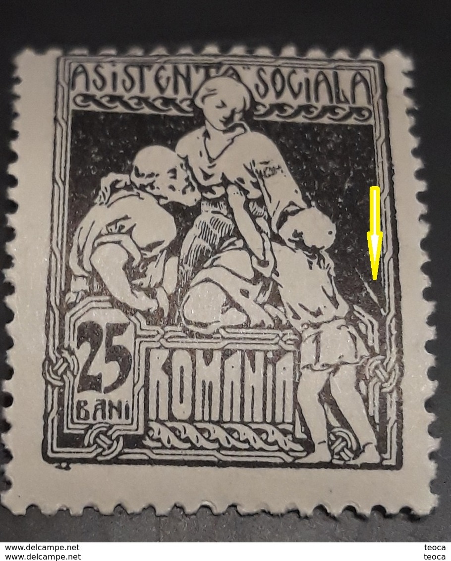 Error  Romania 1921, Queen Maria, Social Assistance  25b,with  Errror Line In Right Romania, Error Variety - Variétés Et Curiosités