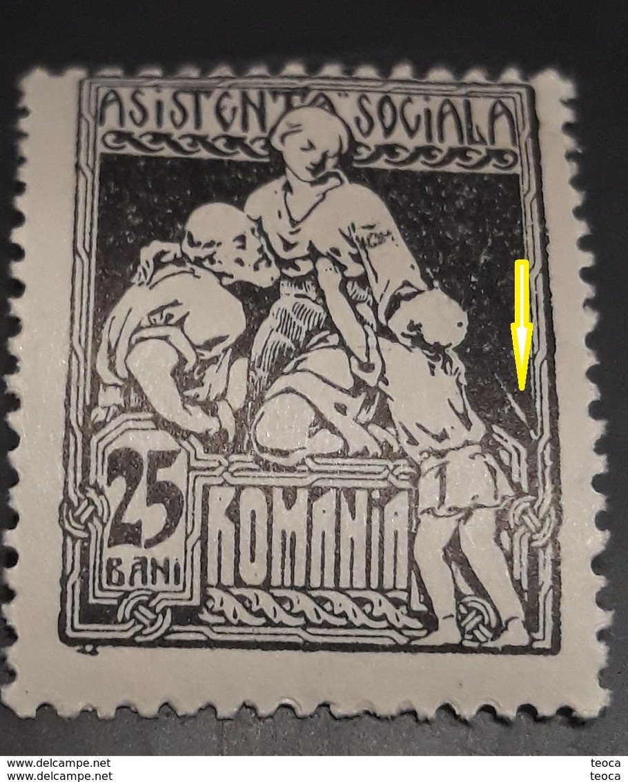 Error  Romania 1921, Queen Maria, Social Assistance  25b,with  Errror Line In Right Romania, Error Variety - Errors, Freaks & Oddities (EFO)