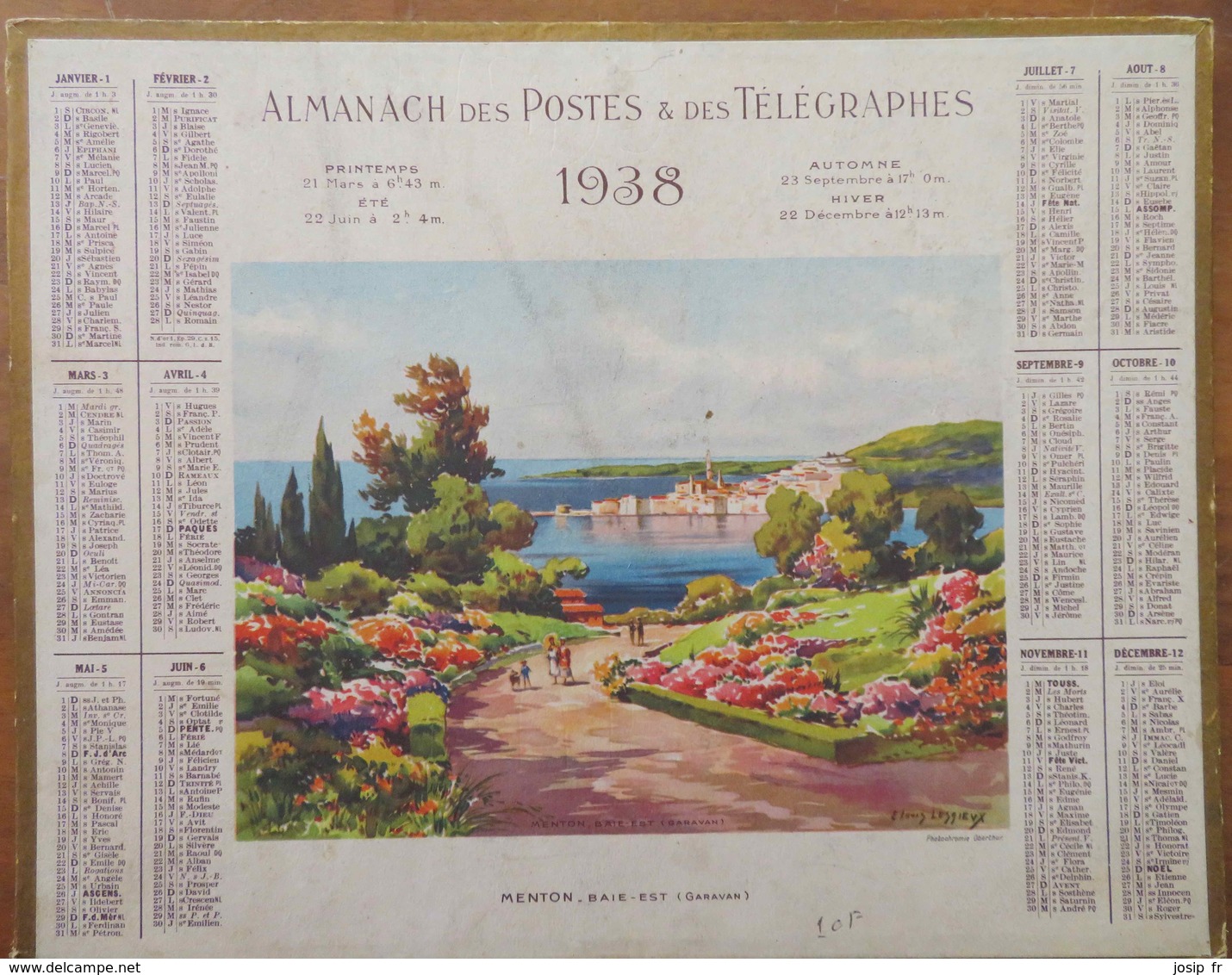 CALENDRIER- ALMANACH DES POSTES ET DES TÉLÉGRAPHES 1938- DRÔME- IMAGE: MENTON, BAIE EST (GARAVAN) - Grand Format : 1921-40