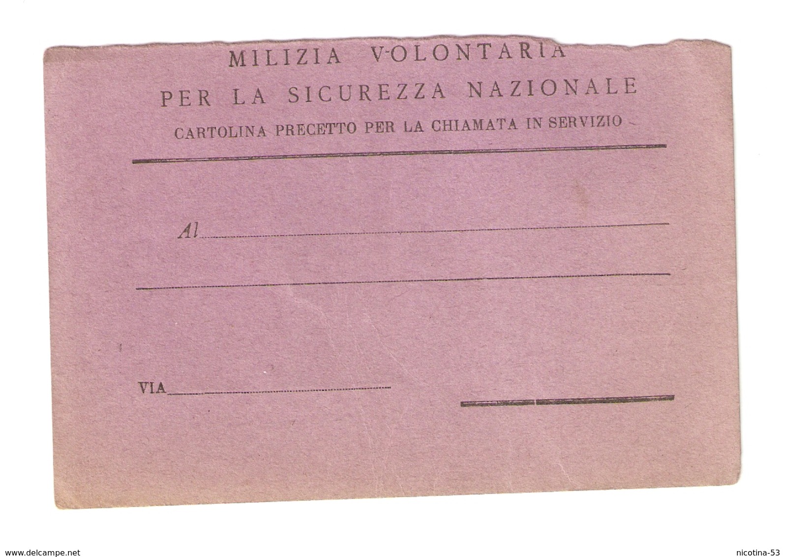 DS--00003-- CARTOLINA PRECETTO ALLA CHIAMATA IN SERVIZIO-MILIZIA VOLONTARIA PER LA SICUREZZA NAZIONALE - Documenti Storici