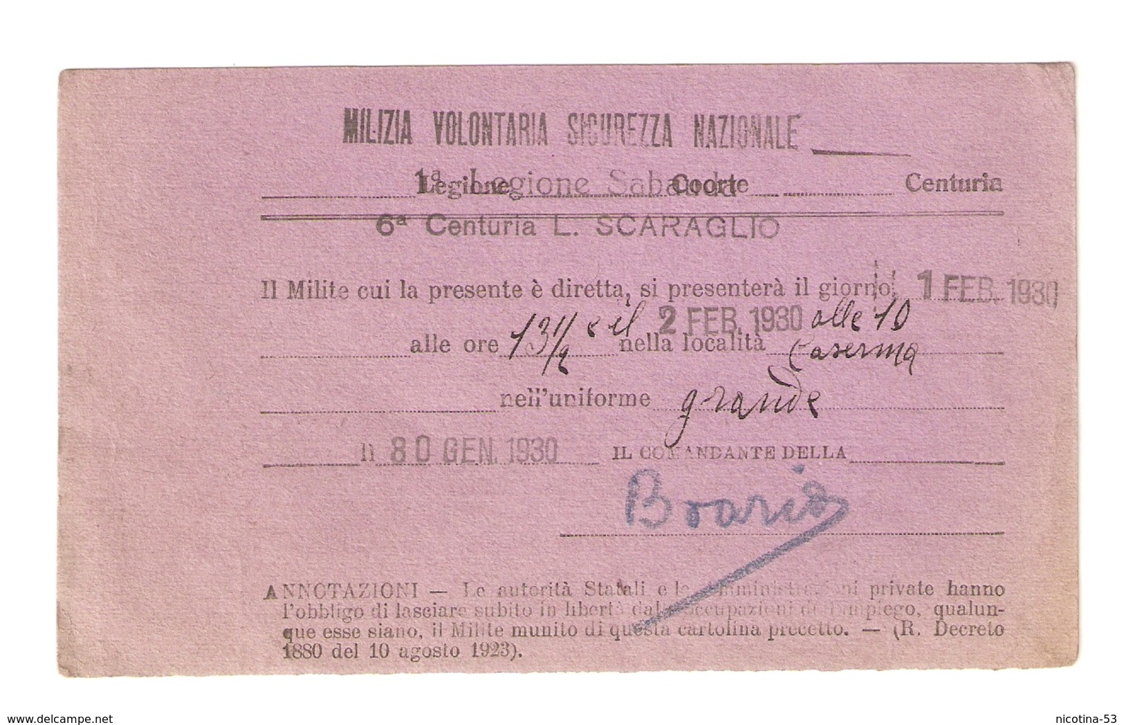 DS--00003-- CARTOLINA PRECETTO ALLA CHIAMATA IN SERVIZIO-MILIZIA VOLONTARIA PER LA SICUREZZA NAZIONALE - Documenti Storici