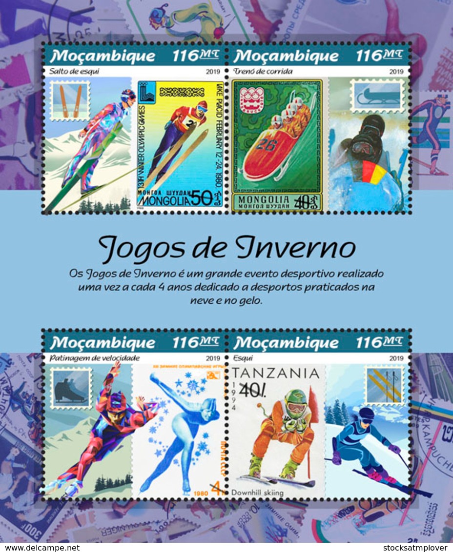 Mozambique  2019 Stamps On Stamps: Winter Games (Ski Jumping; Bobsleigh; Speedskating ) S201902 - Mozambique