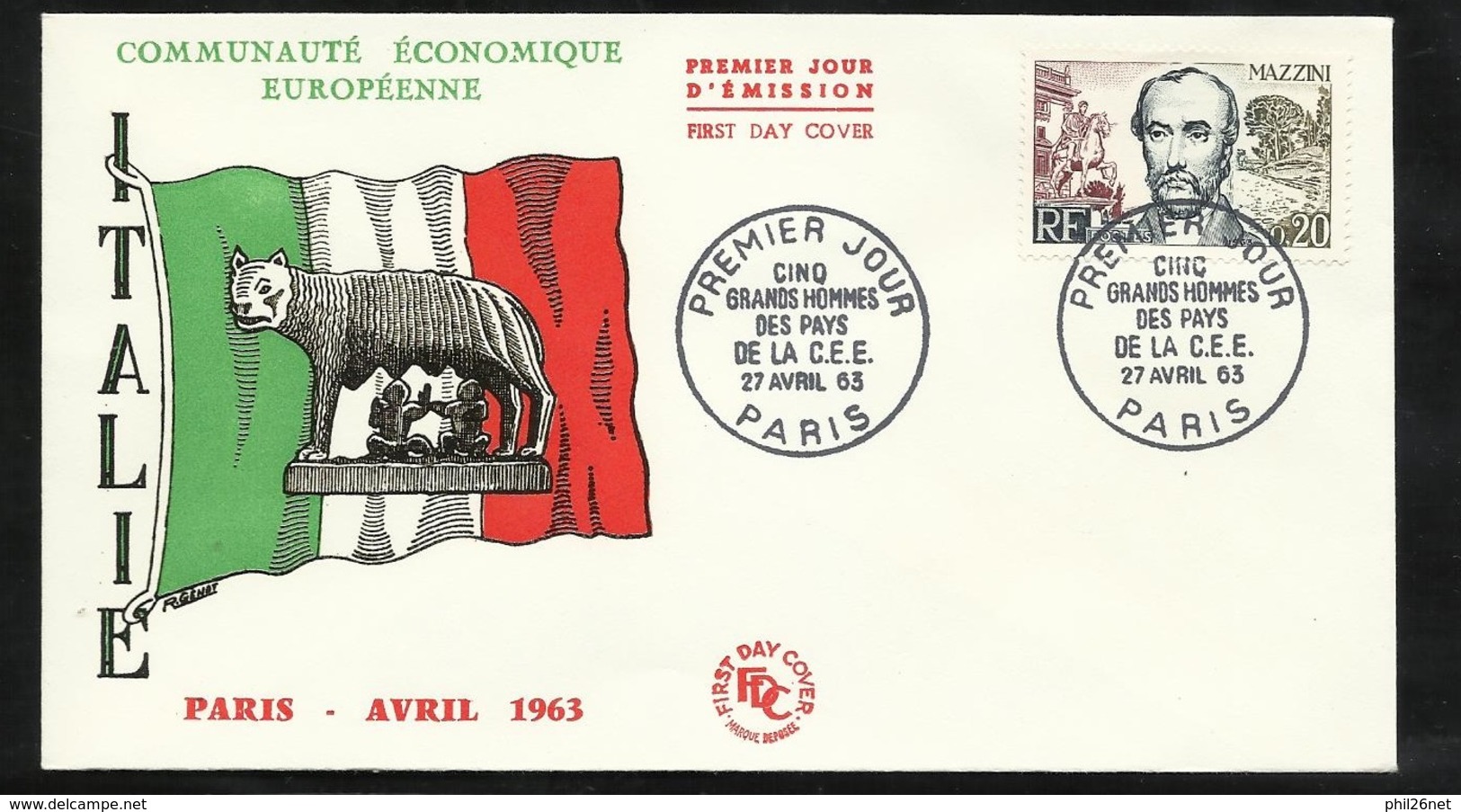 FDC  Lettre Illustrée  Premier Jour Paris Le 27/04/1963 N°1384 Mazzini Italie ...   - 1960-1969