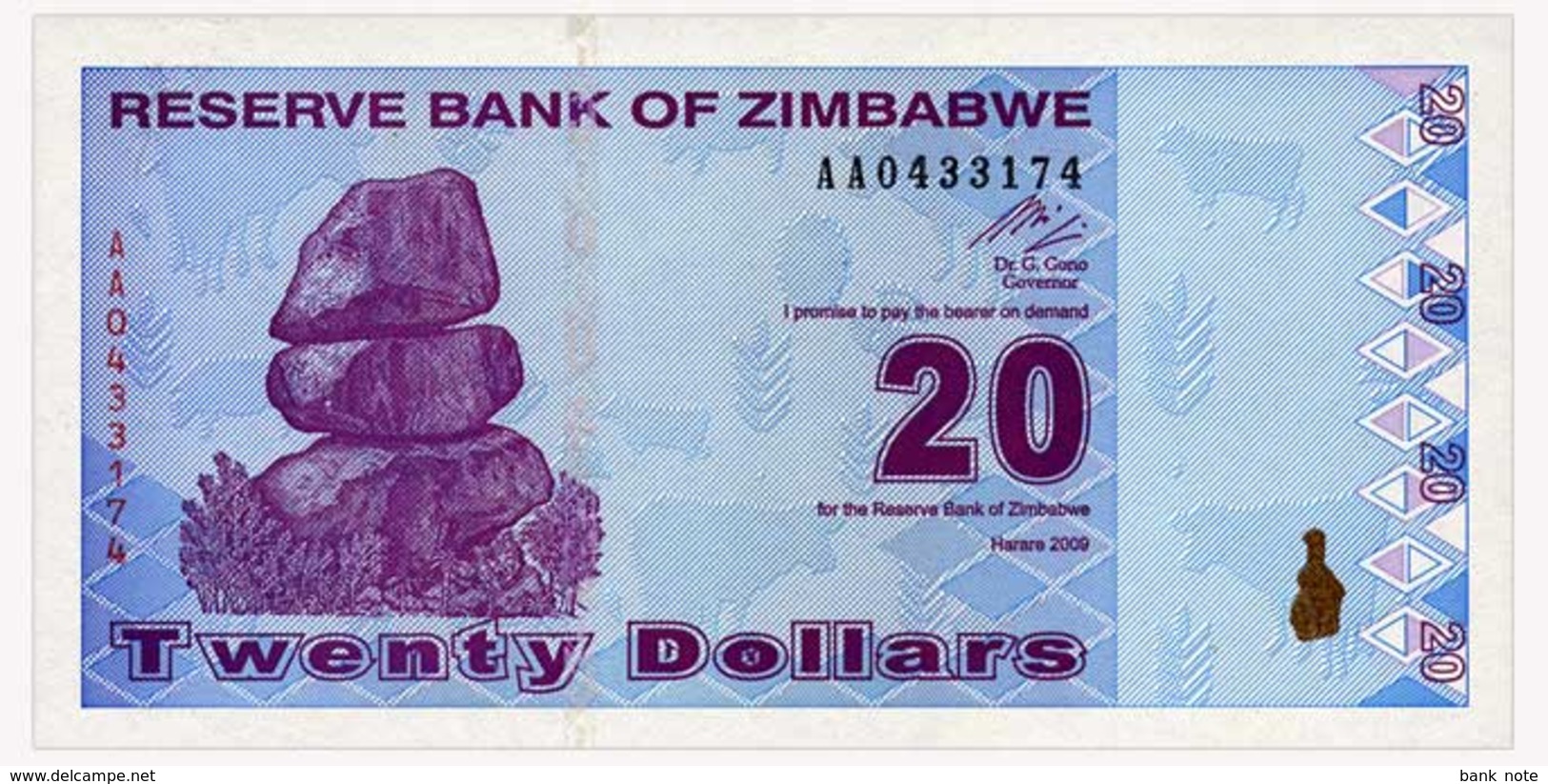 ZIMBABWE 20 DOLLARS 2009 Pick 95 Unc - Simbabwe