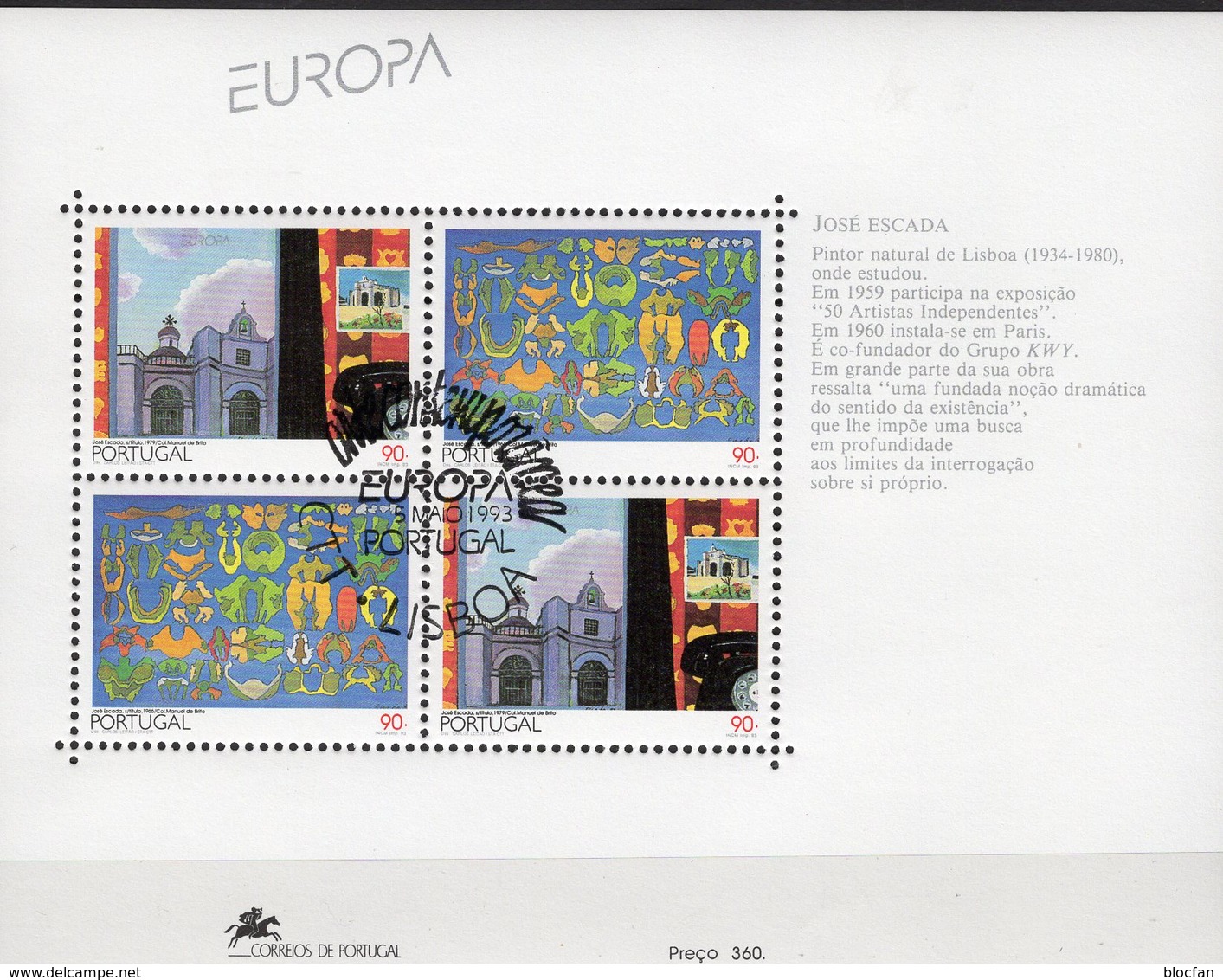Kunst CEPT 1993 Portugal Block 93 O 10€ Moderne Gemälde Kirche Hojita Bloque S/s Paintings Bloc Art Sheet Bf EUROPA - Used Stamps