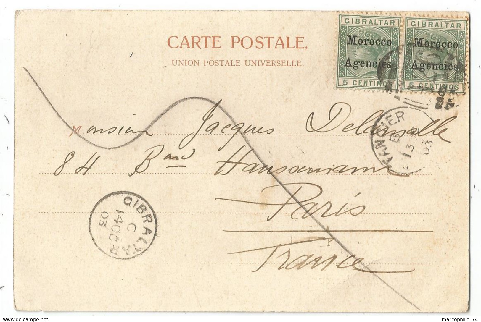 GIBRALTAR MOROCCO AGENCIES 5CX2 CARTE TANGIER 1903 + GIBRALTAR POUR PARIS - Lettres & Documents