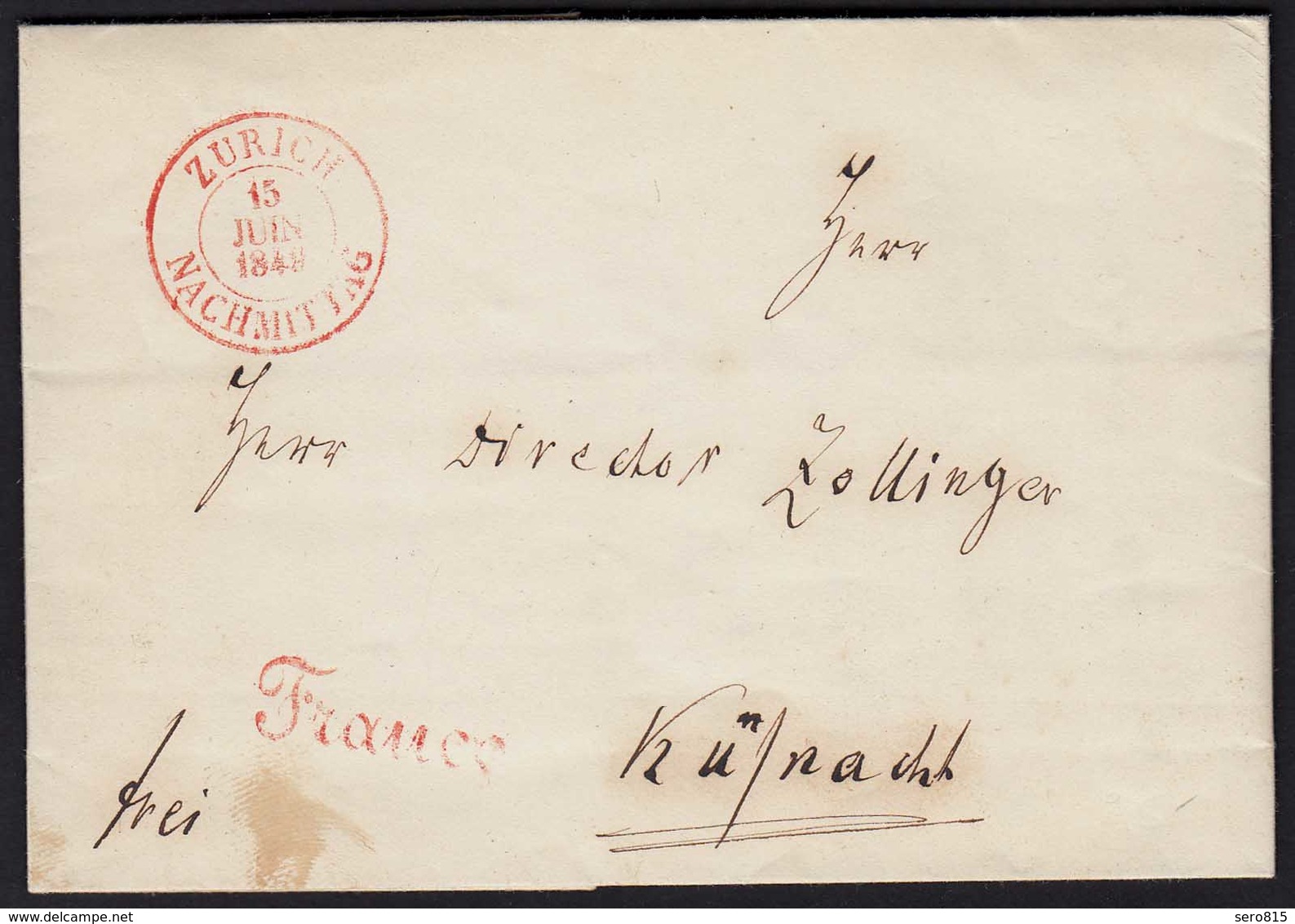 Schweiz 1849 Brief Zürich R2 Rot + Franco Rot Nach Küsnacht   (23708 - Sonstige & Ohne Zuordnung