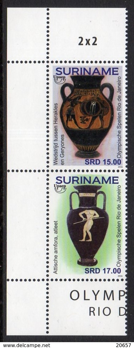 Suriname 2622/23 UPAEP, Amphores, JO De Rio Brasil, Lutte, Javelot - Eté 2016: Rio De Janeiro