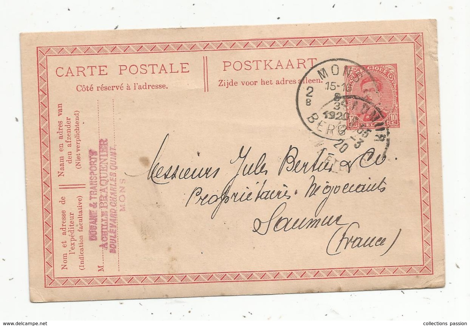Entier Postal , Belgique, Carte Postale, MONS ,SAUMUR , 1920,  Douane & Transport A. Braquenier, 3 Scans - Postkarten 1909-1934