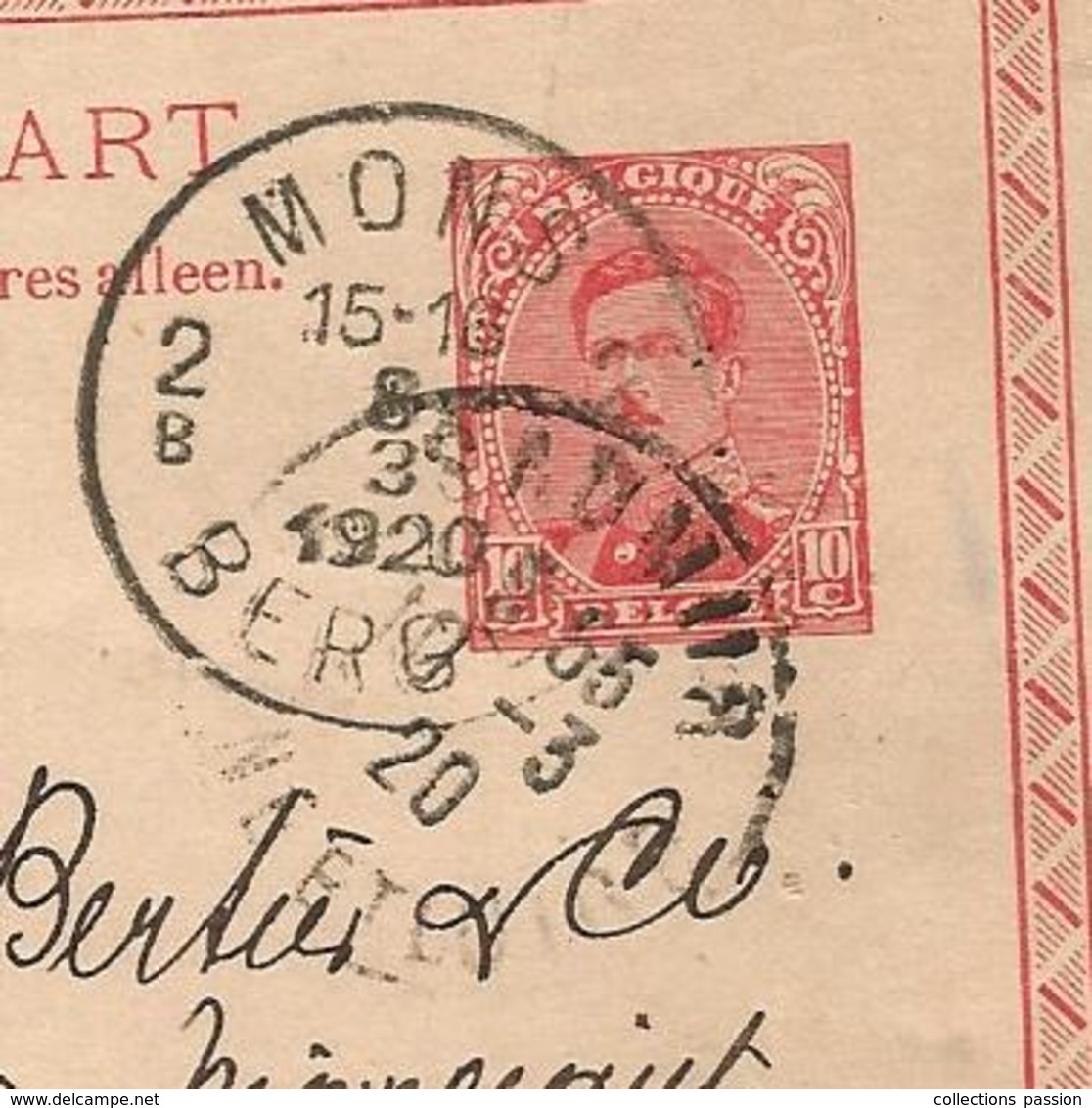 Entier Postal , Belgique, Carte Postale, MONS ,SAUMUR , 1920,  Douane & Transport A. Braquenier, 3 Scans - Postcards 1909-1934