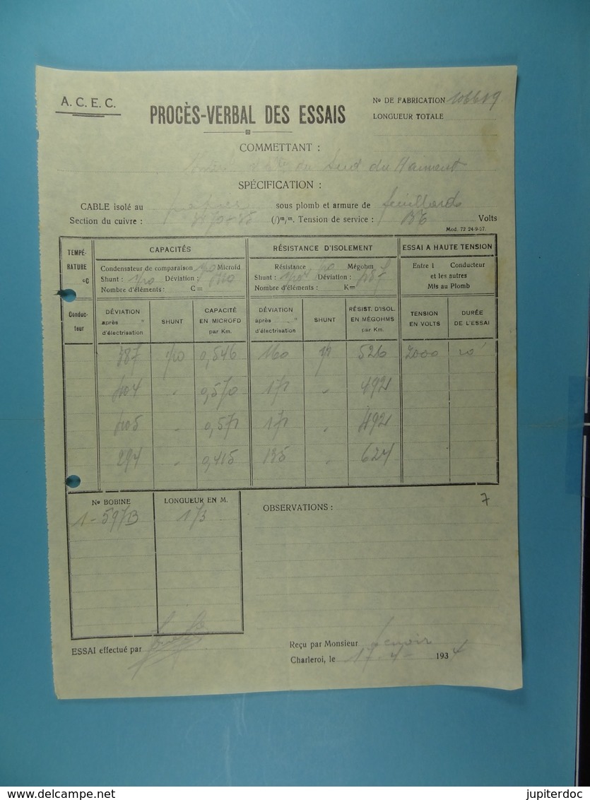 ACEC Procès-verbal Des Essais /7/ - Électricité & Gaz