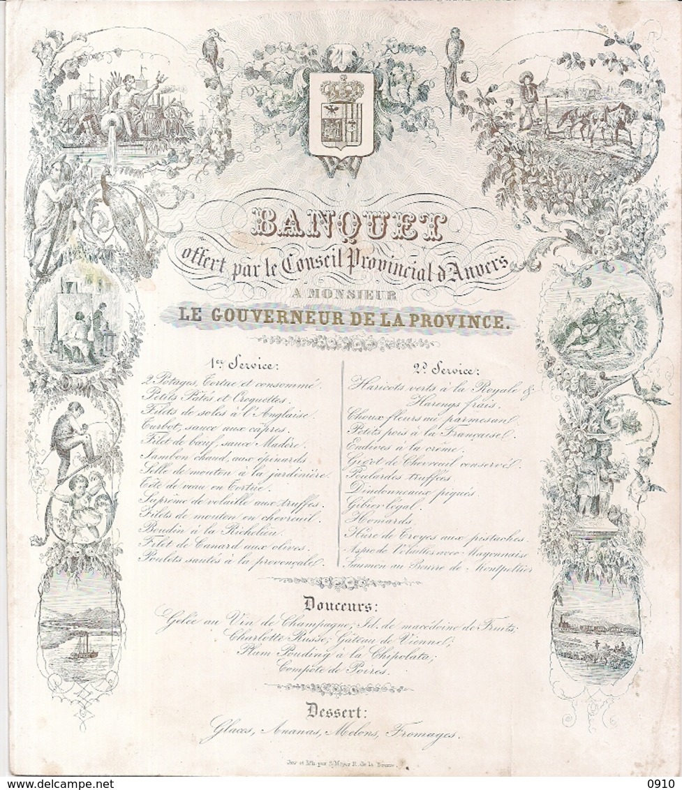 ANVERS-ANTWERPEN "BANQUET OFFERT PAR LE CONSEIL PROVINCIAL D'ANVERS-GOUVERNEUR-MENU"LITH.S MAYER-223/195MM - Cartes Porcelaine