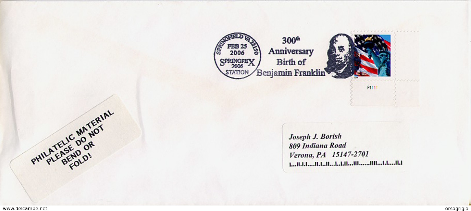 USA -  SPRINGFIELD VA  -  300th Anniversary Birth  Of  BENJAMIN  FRANKLIN - Altri & Non Classificati