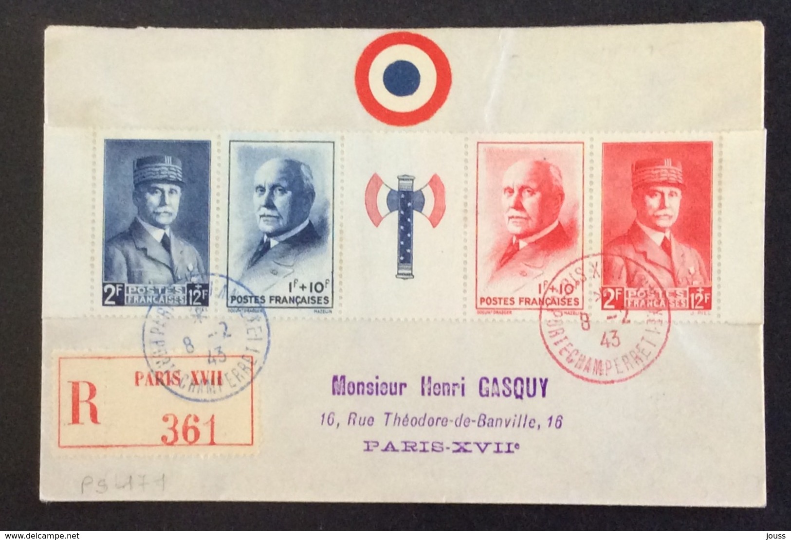 PS171 Bande Pétain 571A Premier Jour 8/2/1943 Obl. Bleue Et Rouge Recommandé 361 Porte Champerret Paris XVII Annexe - 1921-1960: Modern Tijdperk