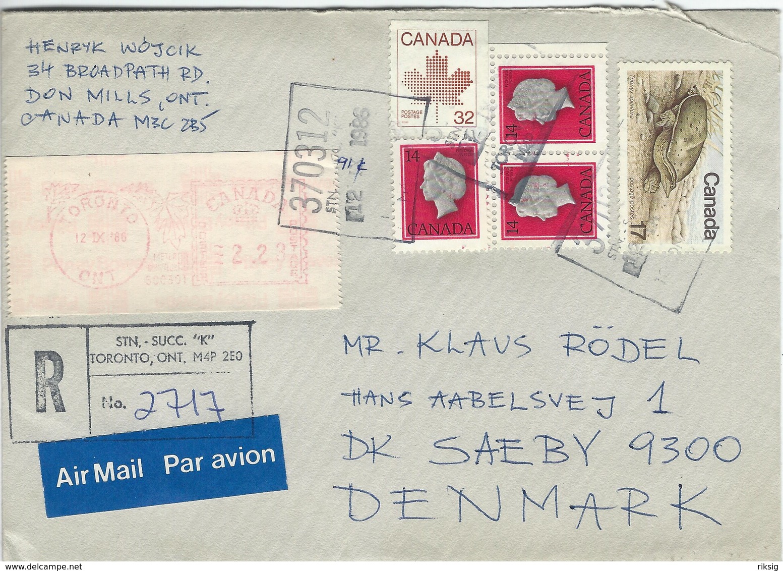 Canada - Airmail. Registered Cover Sent To Denmark 1986.. H-1592 - Einschreibemarken