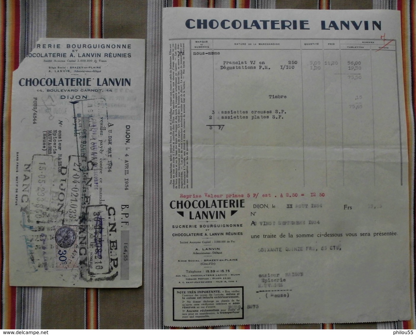 Lot De 2 21 BRAZEY EN PLAINE Chocolaterie LANVIN DIJON 55 Mauvages - Alimentaire