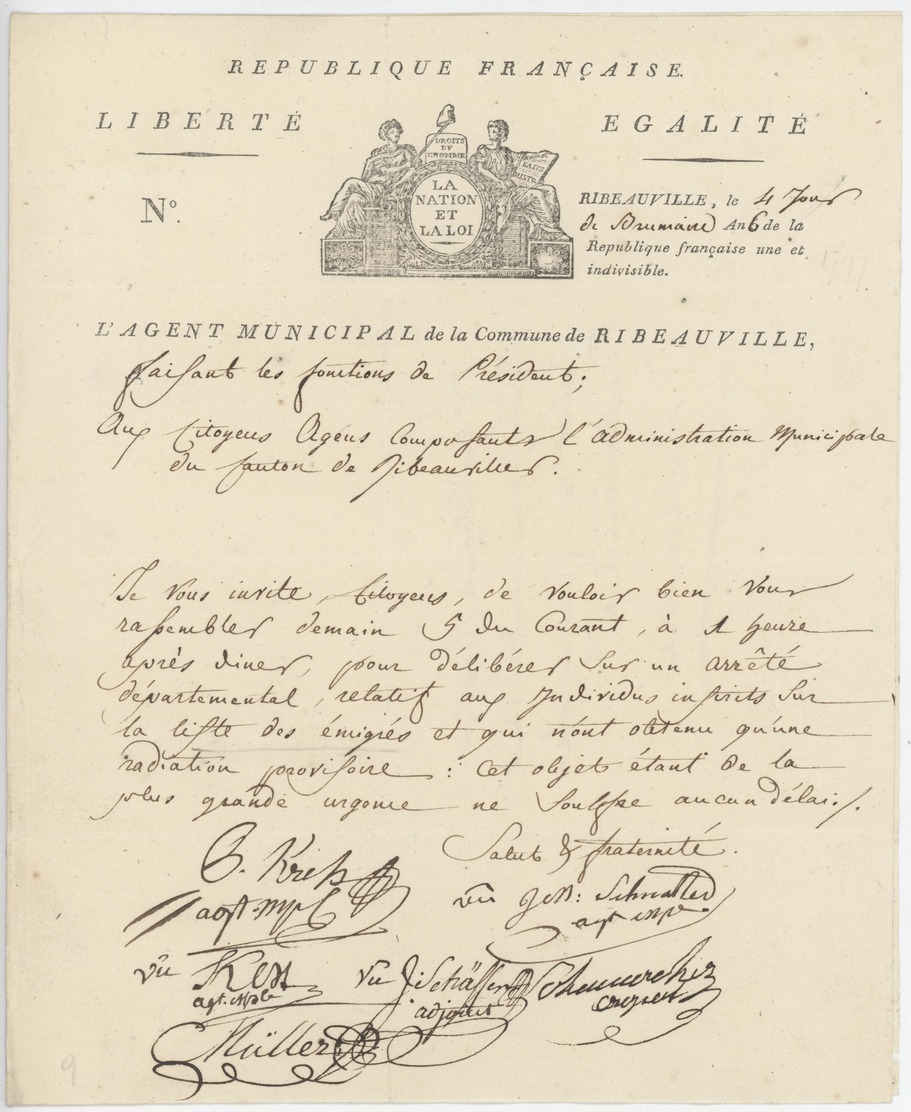 Ribeauvillé An 6 – 25.10.1797 L'Agent Municipal Héraldique La Nation Et La Loi "Emigrés" - Documents Historiques