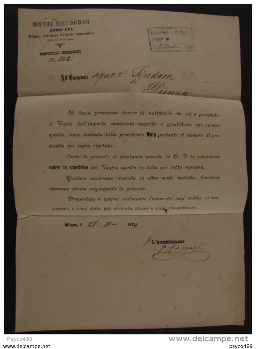 92 ITALIA Regno-1878- "Ondine" C. 2 Su 5,00 MILANO>PIENZA (descrizione) - Storia Postale