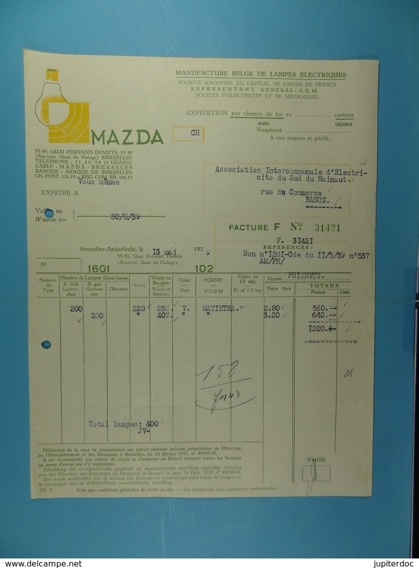 Lampe Mazda Belge Manufacture Belge De Lampes électriques Bruxelles /15/ - Electricity & Gas