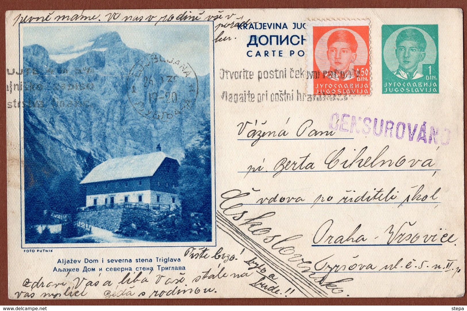 YUGOSLAVIA-SLOVENIA-CZECH, TRIGLAV MOUNTAIN-ALJEZOV DOM, 5th EDITION CENSOR ILLUSTRATED POSTAL CARD 1938 RARE!!! - Postal Stationery