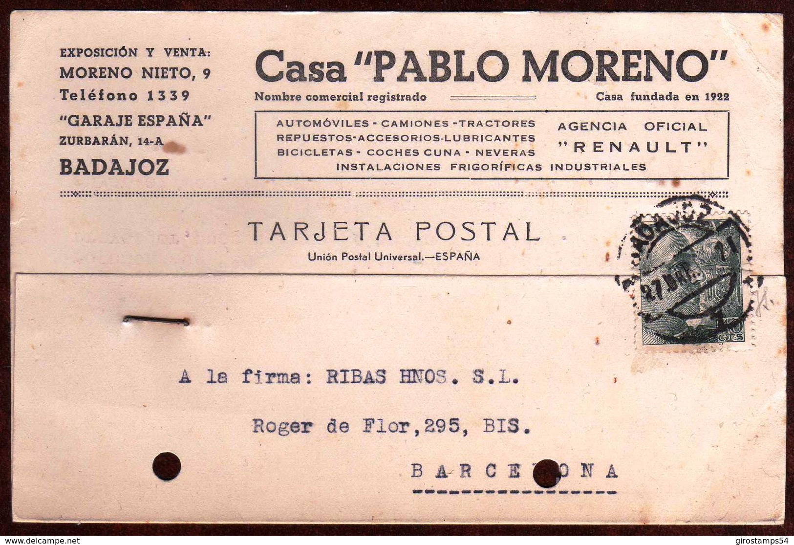 GIROSTAMPS54 - TARJETA COMERCIAL DE GARAJE ESPAÑA CIRCULADA DESDE BADAJOZ A BARCELONA AGENCIA OFICIAL RENAULT - Cartas & Documentos