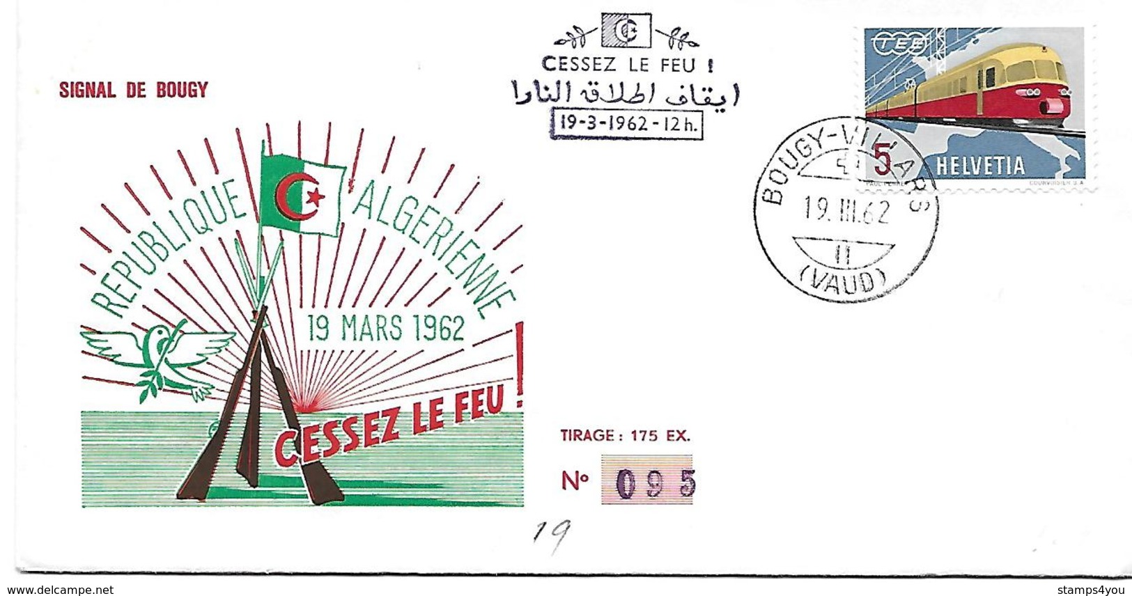 166 - 65 - Enveloppe Cachet "Cessez Le Feu République Algérienne 1962" Signal De Bougy - Postmark Collection