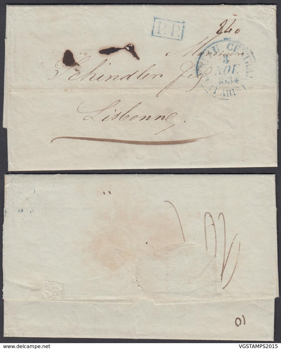 France 1834 - Lettre Date Paris 03/11/1834 " Bureau Central Paris " Vers Lisbonne " P.P." Taxe Manus 840 (7G38380)DC2593 - 1801-1848: Précurseurs XIX