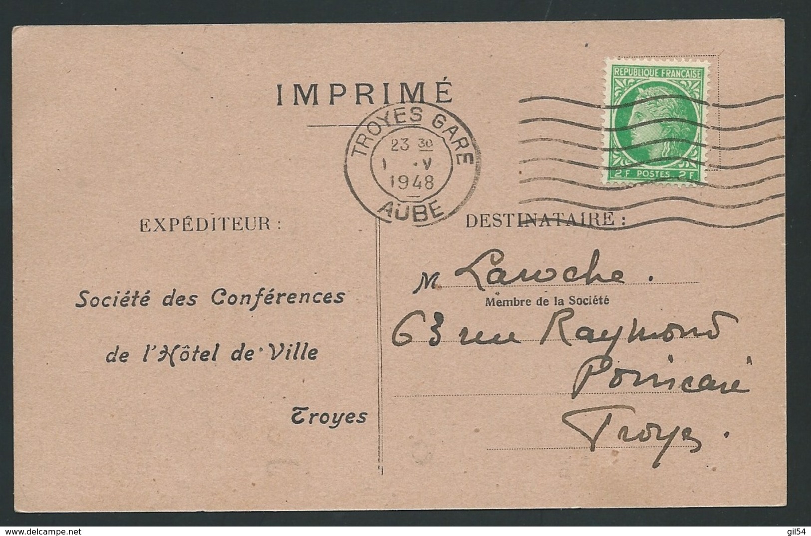 Mazelin Yvert N°680 Oblitéré Troyes Gare - 7 LO - Mai 1948 Sur Carte Societe Des Conférences De L'hotel  -  Qaa 5710 - 1945-47 Cérès De Mazelin