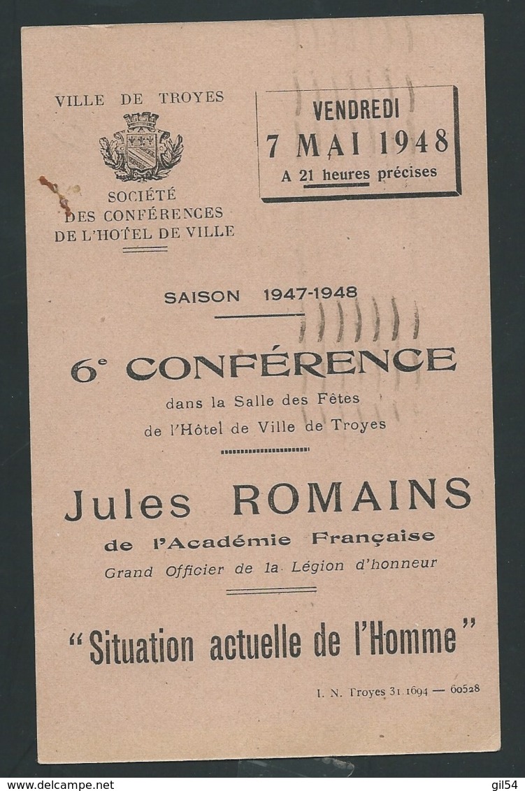 Mazelin Yvert N°680 Oblitéré Troyes Gare - 7 LO - Mai 1948 Sur Carte Societe Des Conférences De L'hotel  -  Qaa 5710 - 1945-47 Cérès De Mazelin