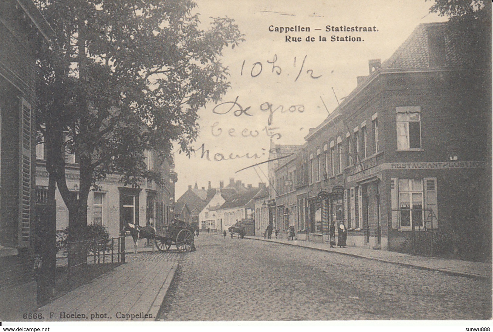 Cappellen - Statiestraat - Rue De La Station (animatie, Restaurant, F. Hoelen Phot. 1913) - Essen