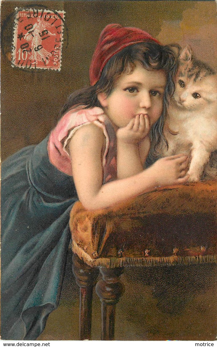 PETIT CHAT ET PETITE FILLE (carte Gaufrée) - Chats