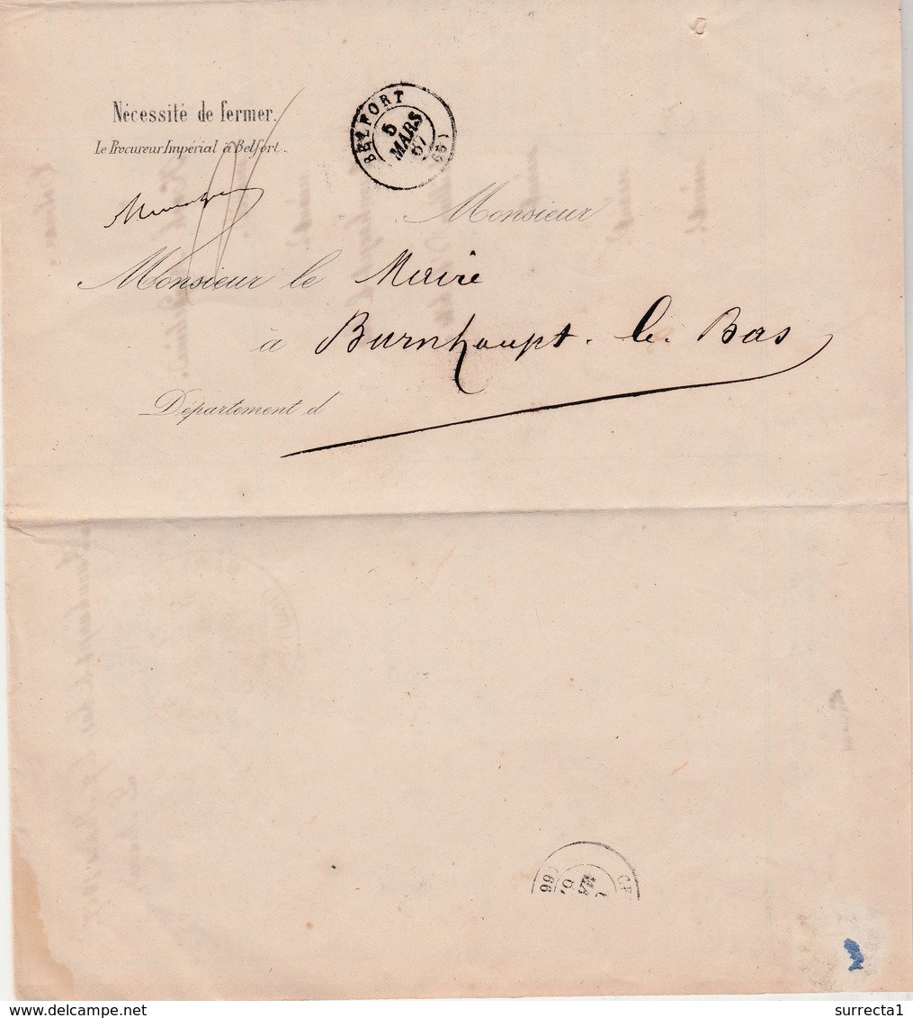 RARE Lettre + Réponse 1867 / Enquête Inculpation / Procureur Impérial + Cachet Mairie Burnhaupt Le Bas 68 / Marque OR - Historical Documents