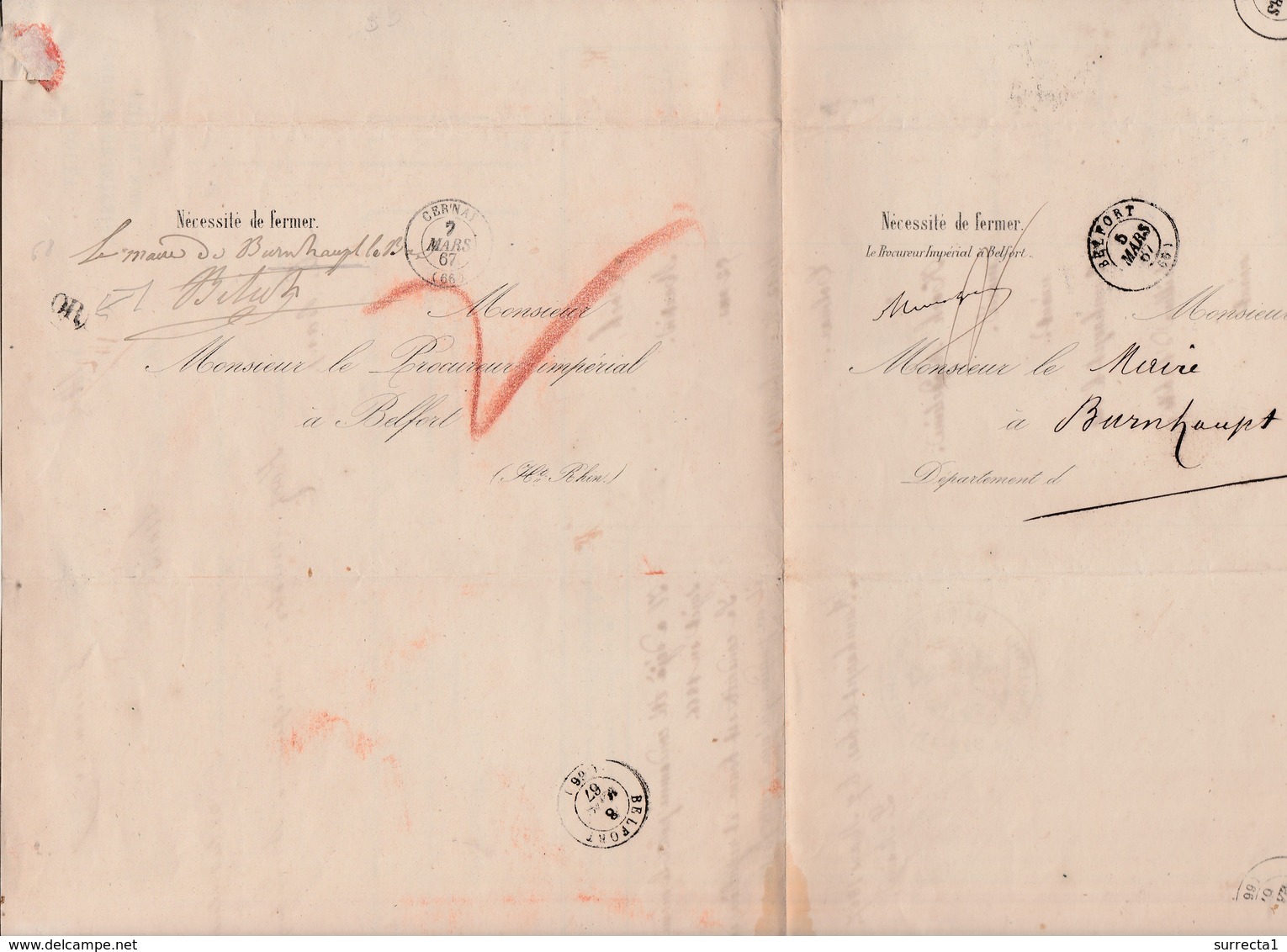 RARE Lettre + Réponse 1867 / Enquête Inculpation / Procureur Impérial + Cachet Mairie Burnhaupt Le Bas 68 / Marque OR - Historical Documents