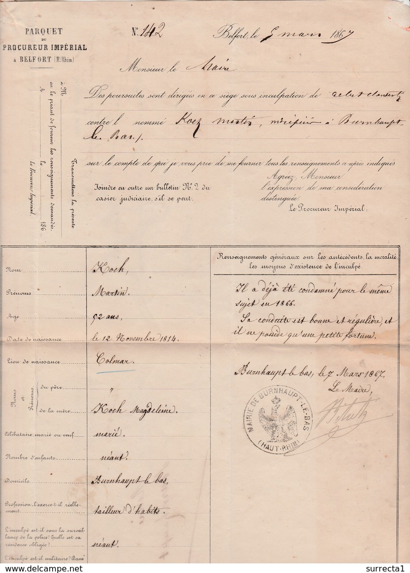 RARE Lettre + Réponse 1867 / Enquête Inculpation / Procureur Impérial + Cachet Mairie Burnhaupt Le Bas 68 / Marque OR - Historical Documents