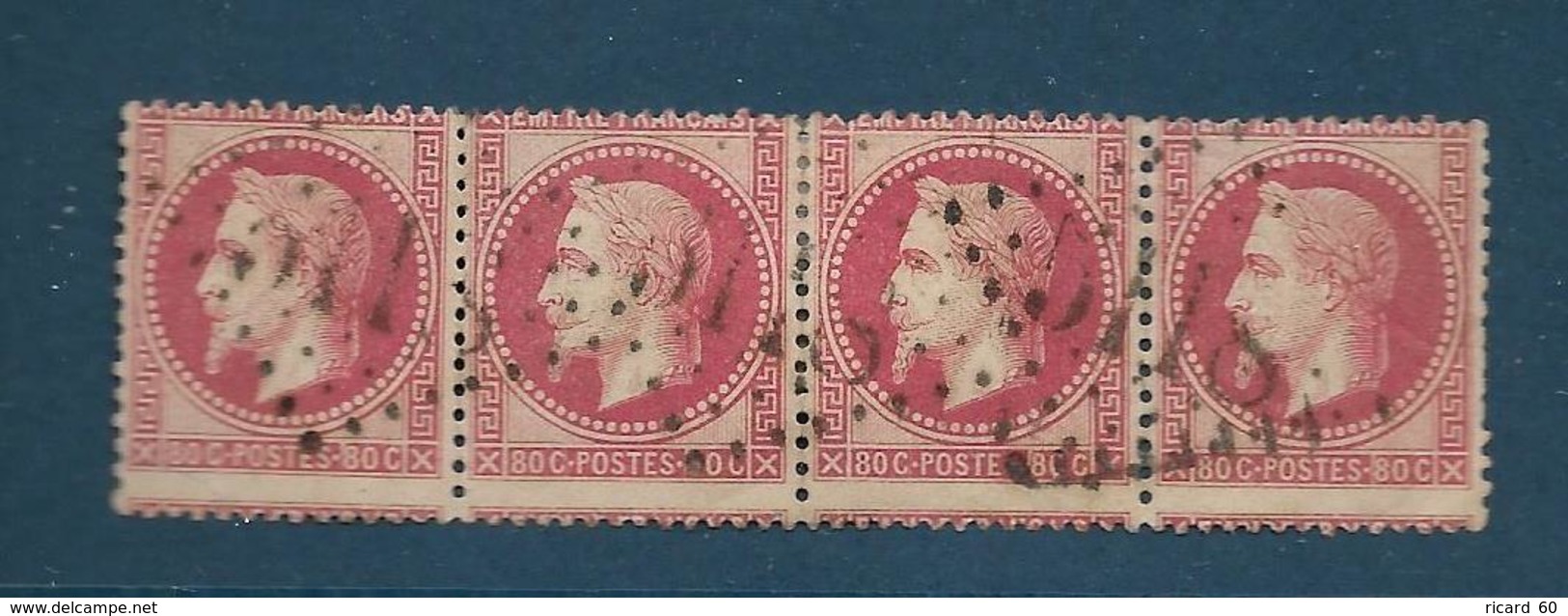 Timbres Oblitérés France ,  N°32a Yt,80 C Rose Carminé  , Louis Napoléon, 1867 Empire, Charnière Au Dos, Bande De 4 - 1863-1870 Napoléon III Lauré