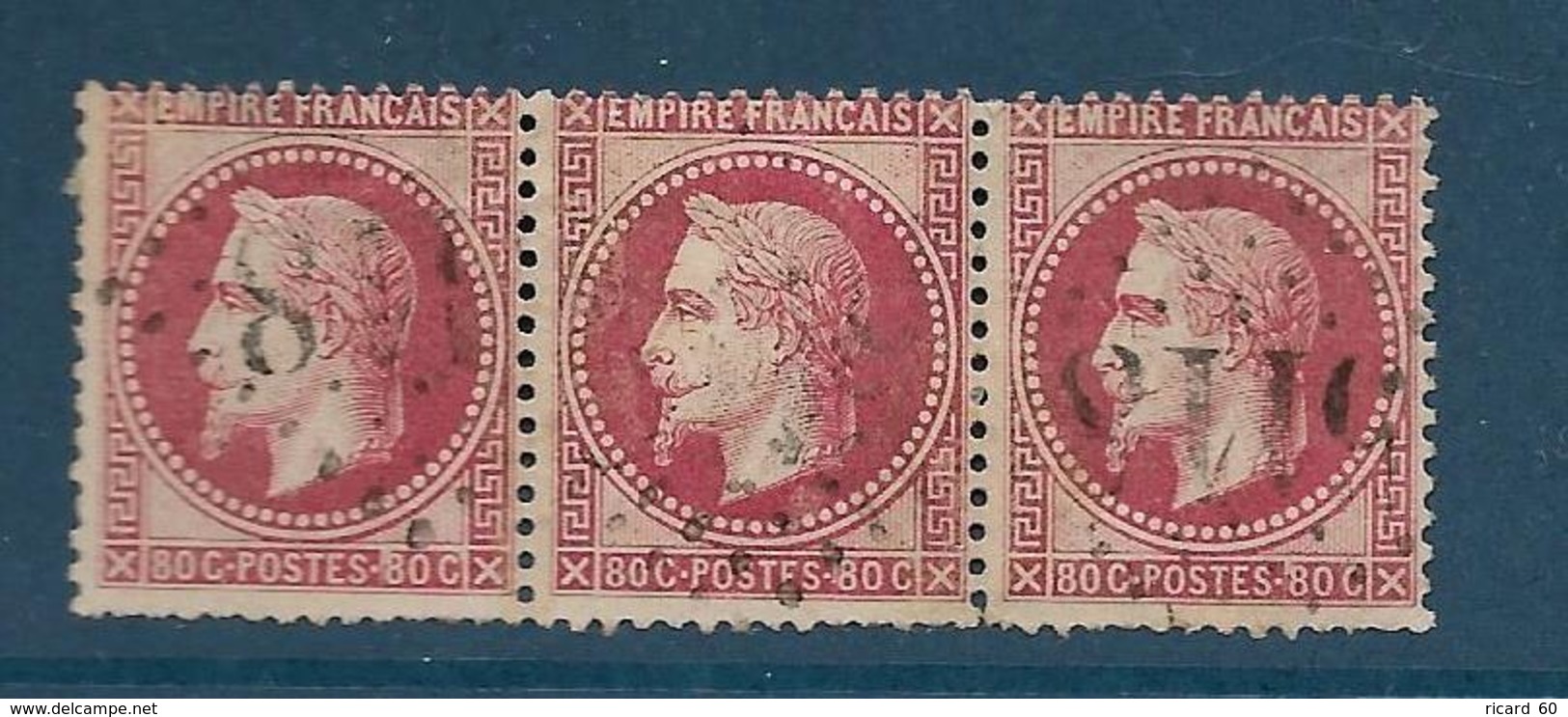 Timbres Oblitérés France ,  N°32a Yt,80 C Rose Carminé  , Louis Napoléon, 1867 Empire, Charnière Au Dos, Bande De 3 - 1863-1870 Napoleone III Con Gli Allori