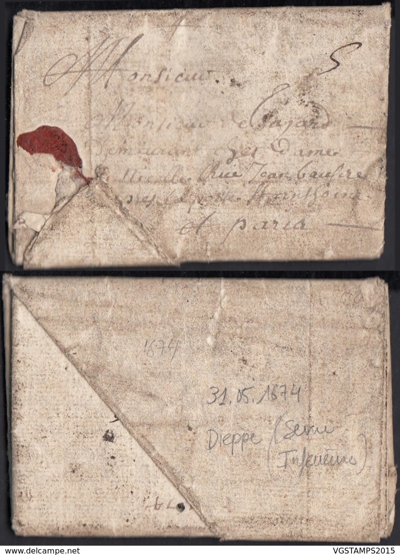 France 1674 - Lettre Avec Courrier Particulaire 31/05/1674 De Dieppe Vers Paris Taxe "5" (7G34626)DC2602 - ....-1700: Précurseurs